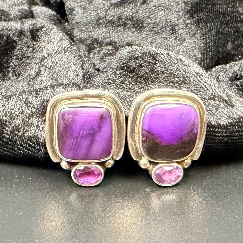 Amy Kahn Russell AKR Sterling 925 Purple Sugalite & Amethyst Clip On Earrings
